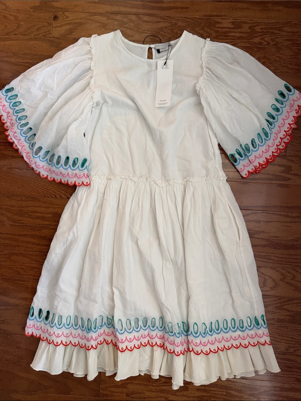 Stella McCartney White Cotton Dress with Teal Pink and Coral Embroidery